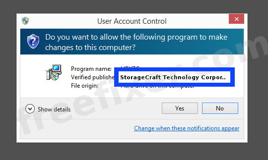 Screenshot where StorageCraft Technology Corporation appears as the verified publisher in the UAC dialog
